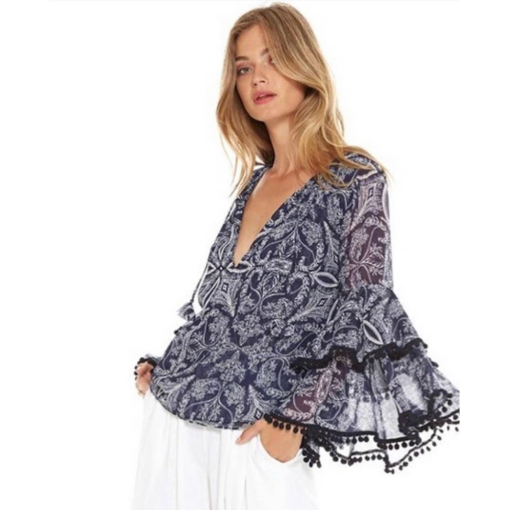 Misa USA Maya Blue Bell Sleeve Flare Sleeves Paisley Navy Blue Floral Blouse S